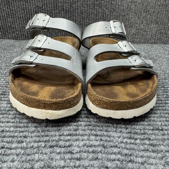 Betula Birkenstock Leo Sandals Womens 39/ 8-8.5 Silver Metal Buckle 3 Strap - Picture 2 of 10